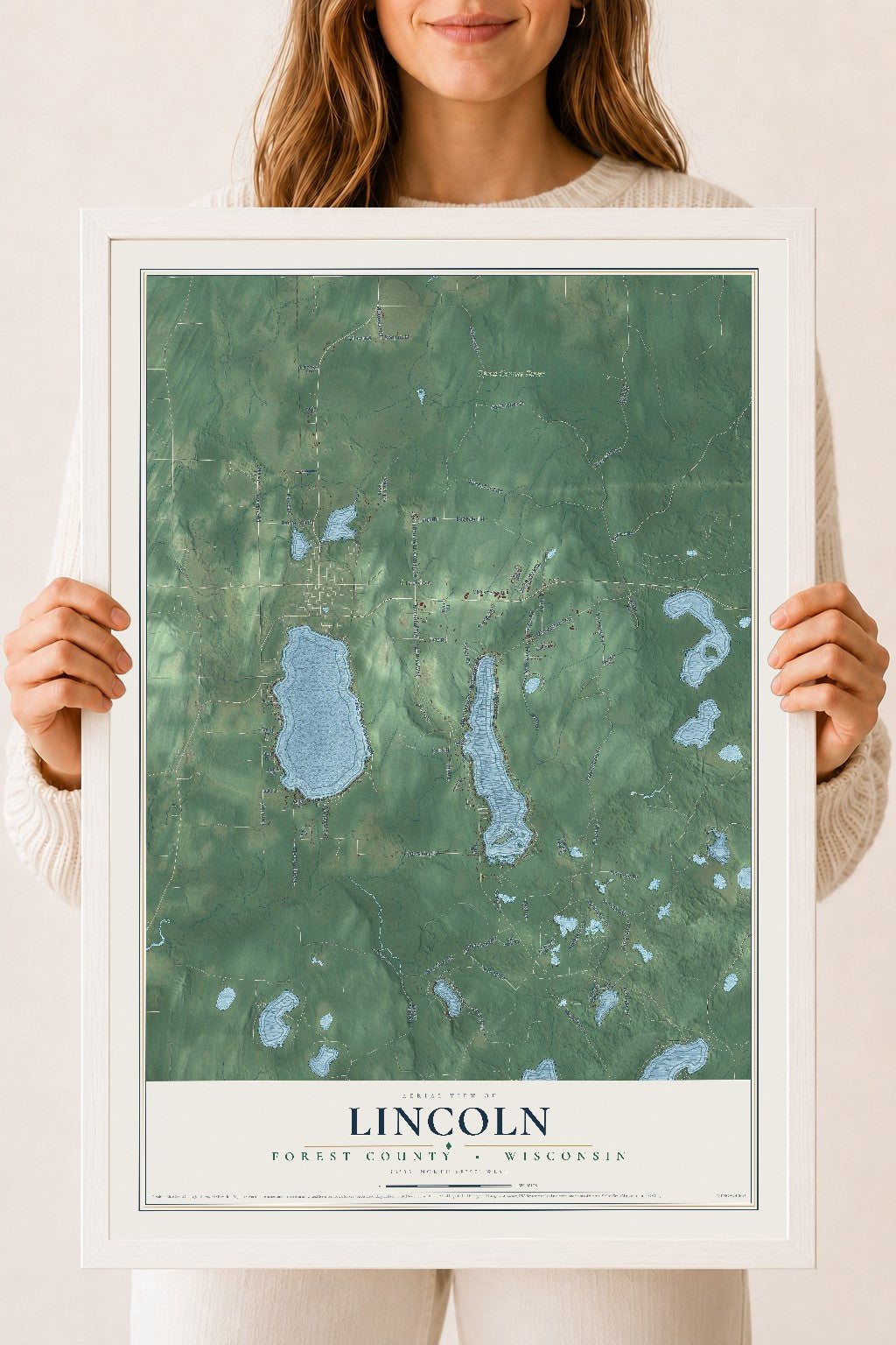 Map of Lincoln, Forest County, Wisconsin, 18 x 24 inch print in a white wood frame