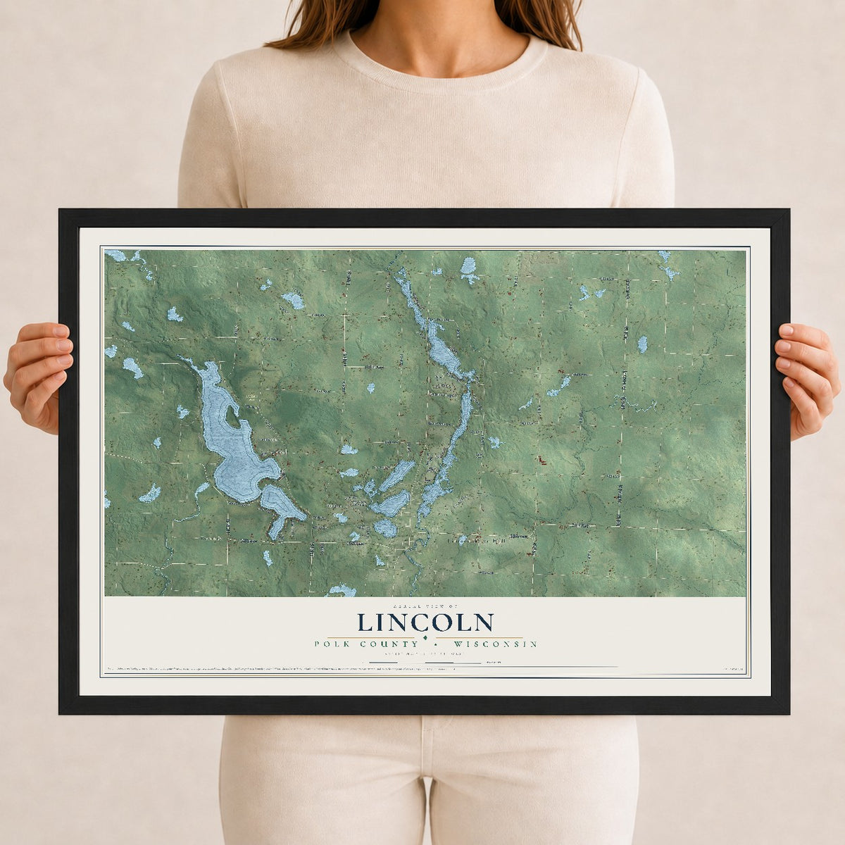 Map of Lincoln, Polk County, Wisconsin, 12 x 18 inch print in a black wood frame