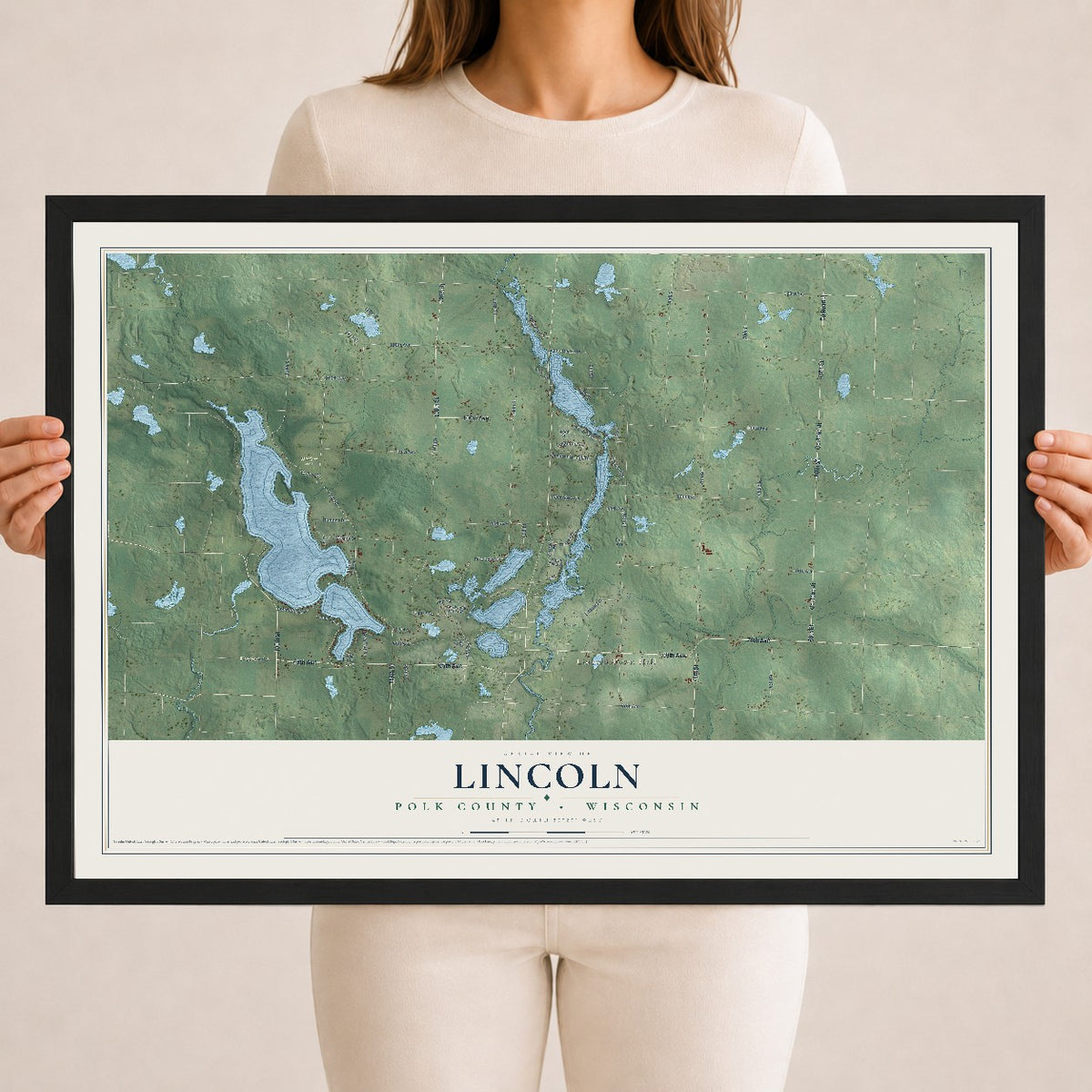 Map of Lincoln, Polk County, Wisconsin, 18 x 24 inch print in a black wood frame