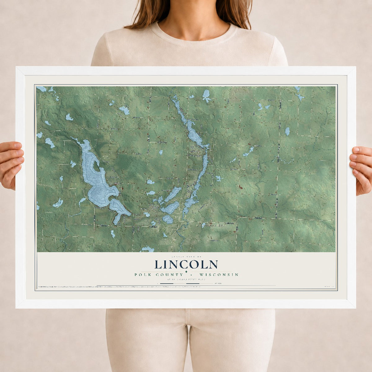 Map of Lincoln, Polk County, Wisconsin, 18 x 24 inch print in a white wood frame