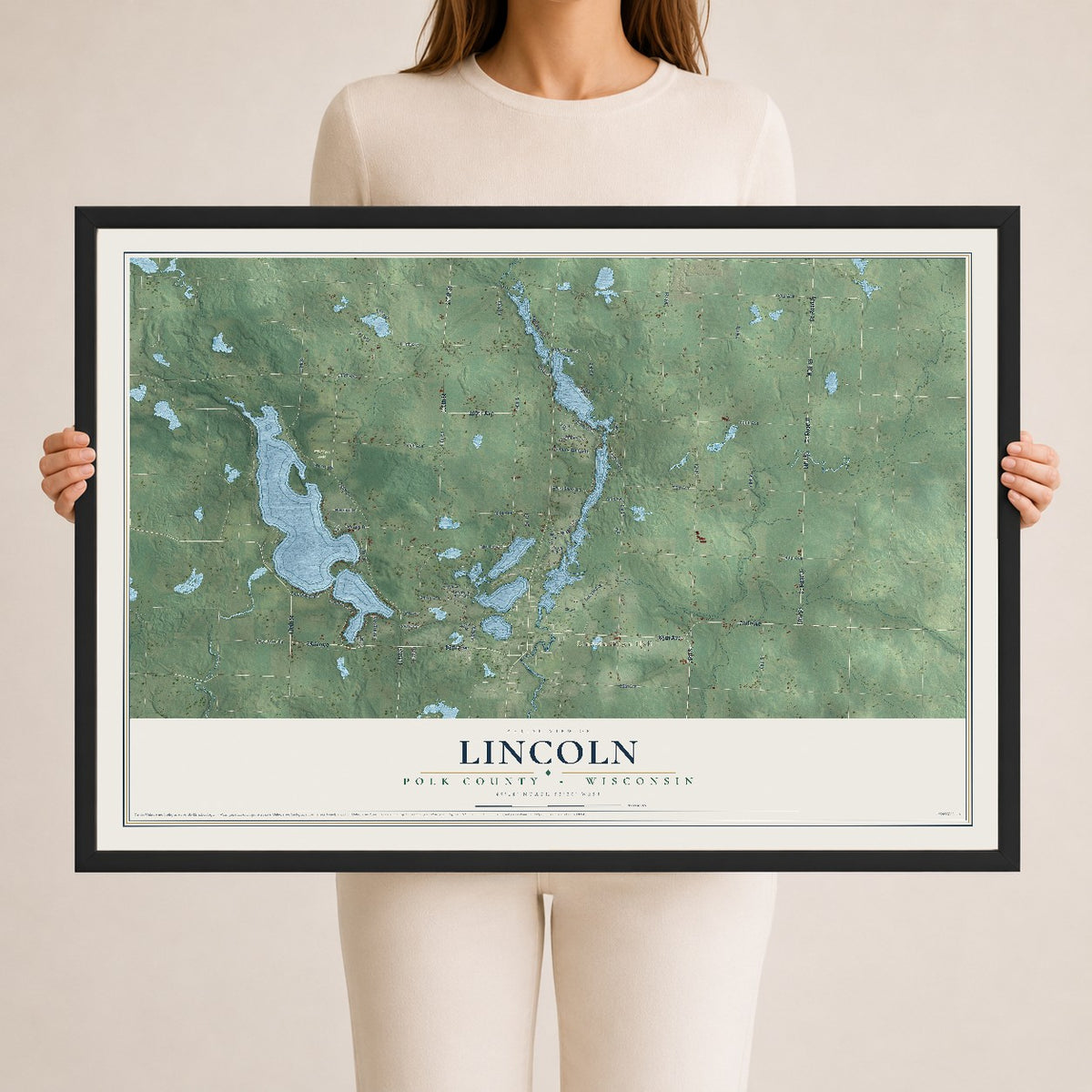 Map of Lincoln, Polk County, Wisconsin, 24 x 36 inch print in a black wood frame