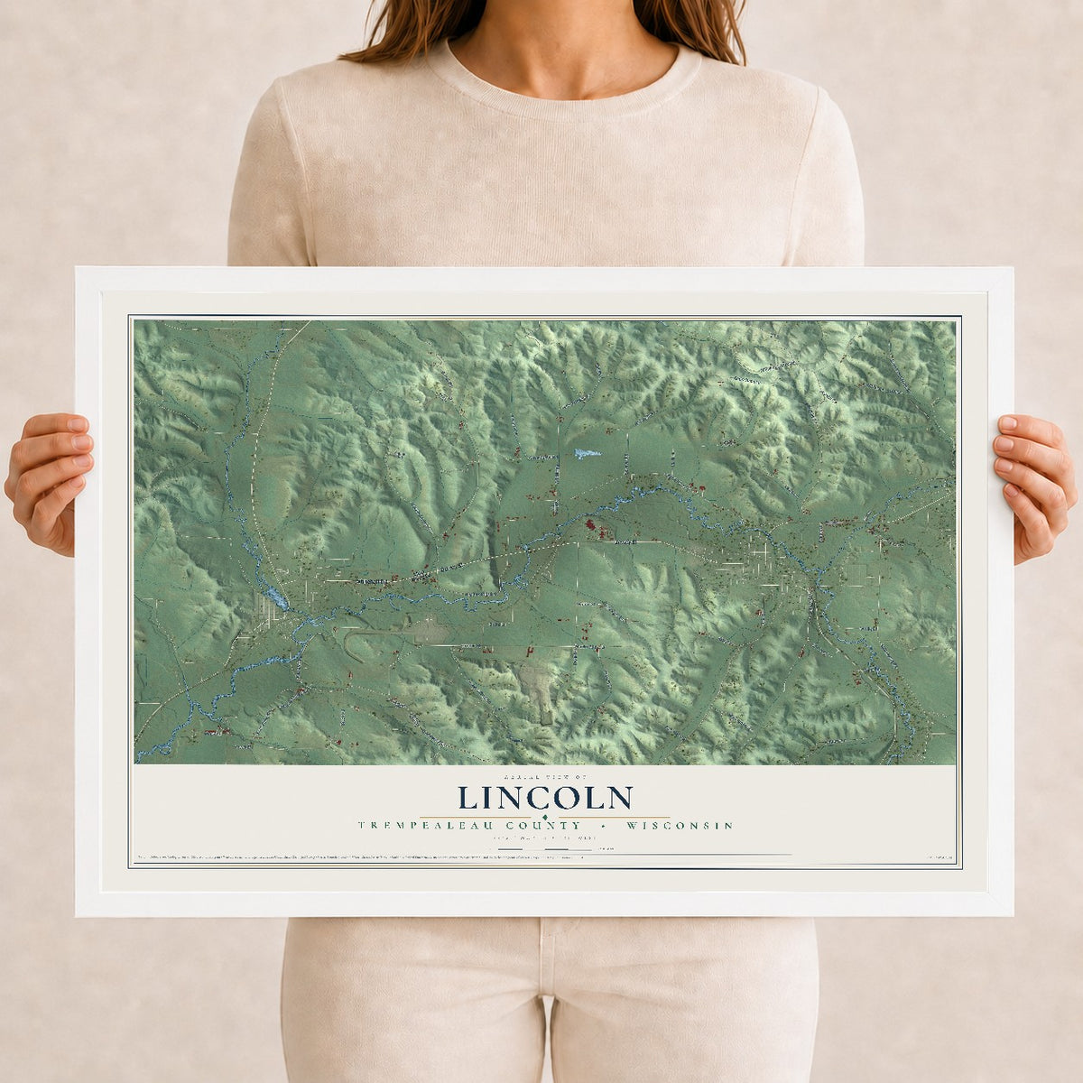 Map of Lincoln, Trempealeau County, Wisconsin, 12 x 18 inch print in a white wood frame