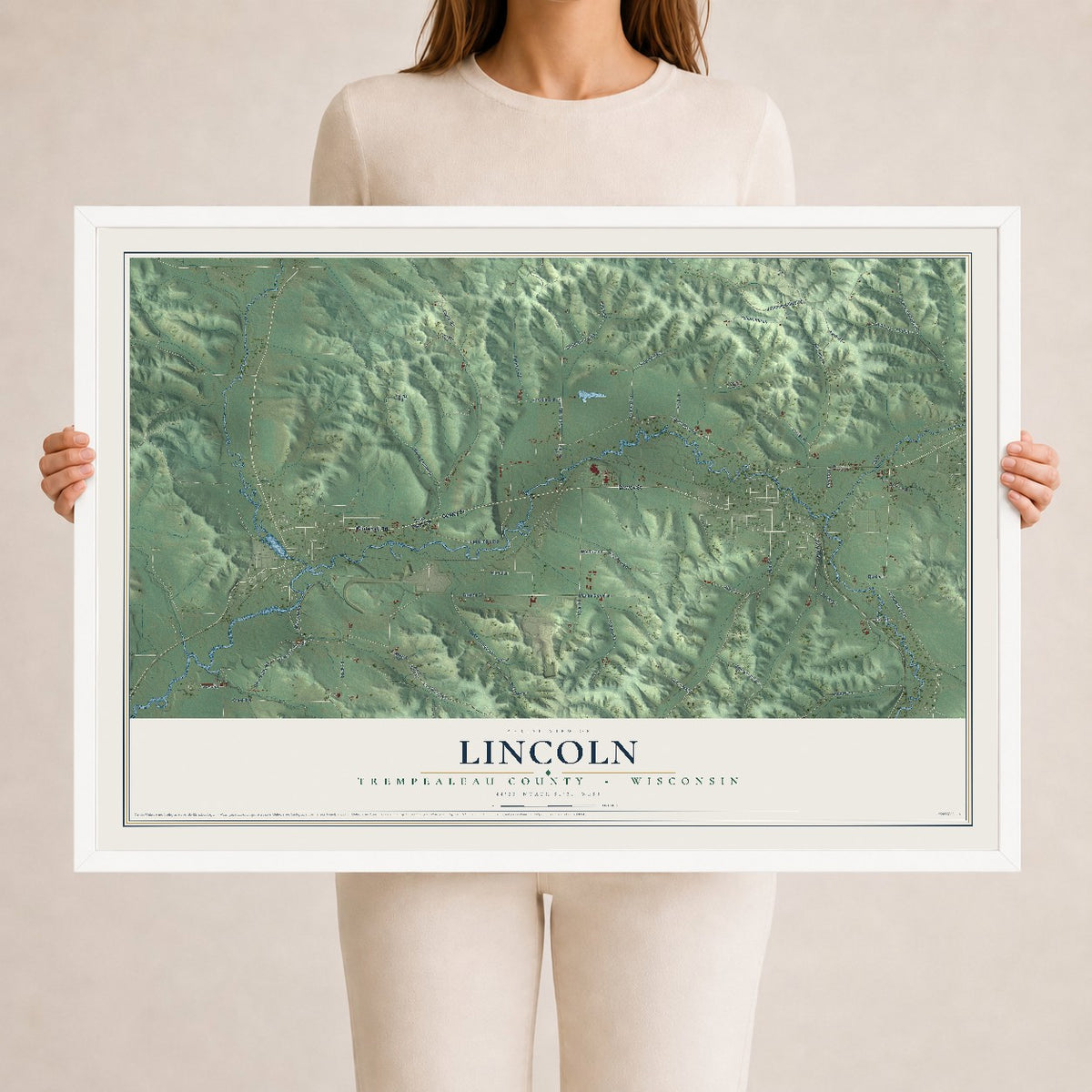 Map of Lincoln, Trempealeau County, Wisconsin, 24 x 36 inch print in a white wood frame