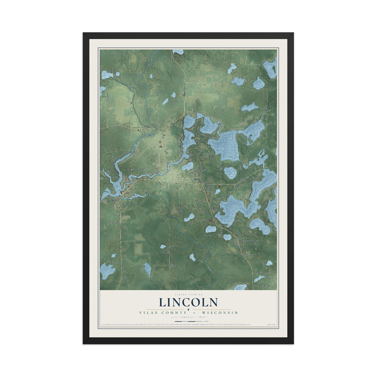 Map of Lincoln, Vilas County, Wisconsin, 12 x 18 inch print in a black wood frame