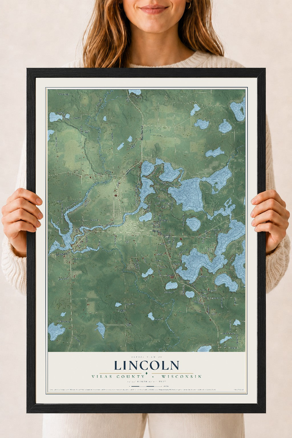 Map of Lincoln, Vilas County, Wisconsin, 18 x 24 inch print in a black wood frame