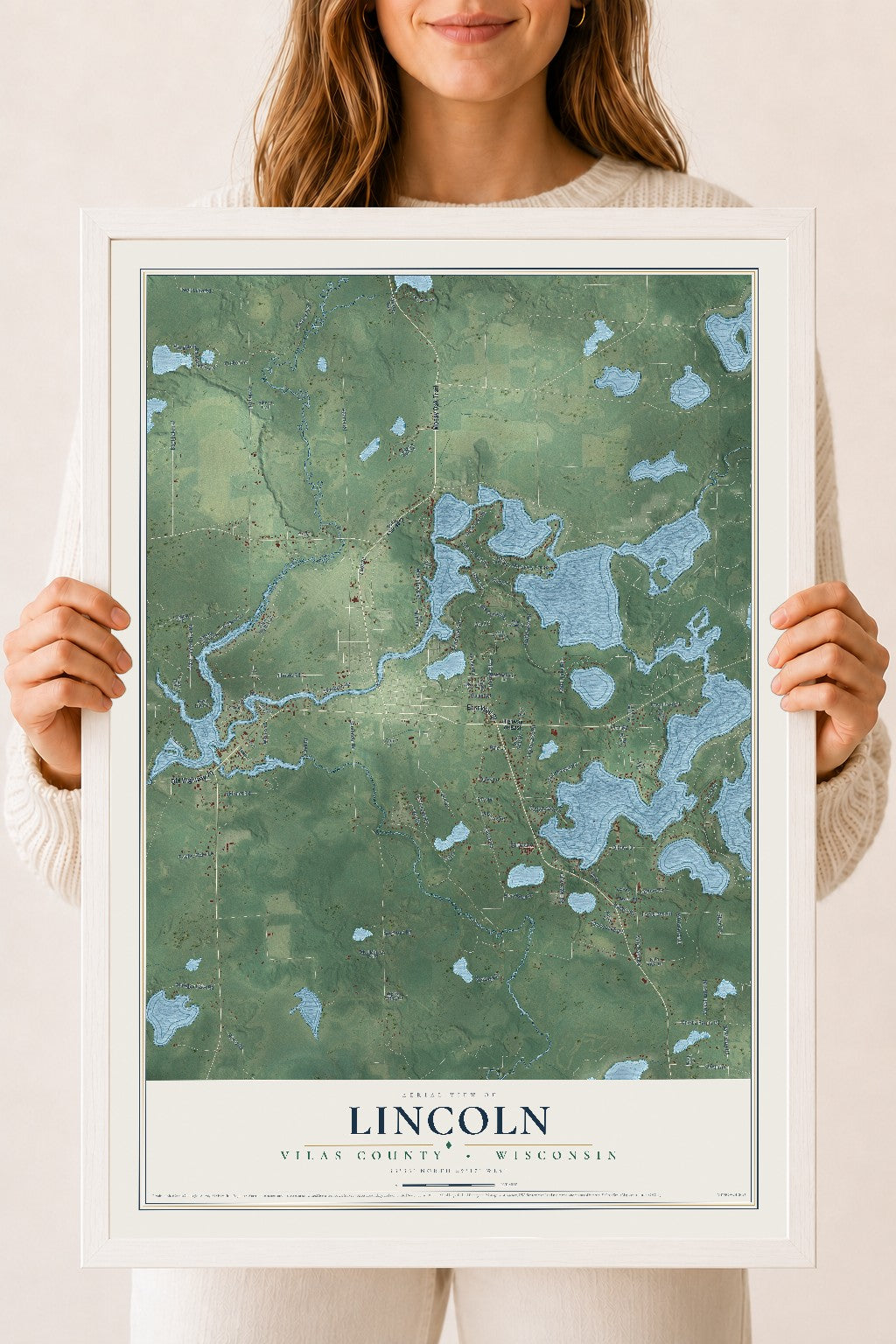 Map of Lincoln, Vilas County, Wisconsin, 18 x 24 inch print in a white wood frame