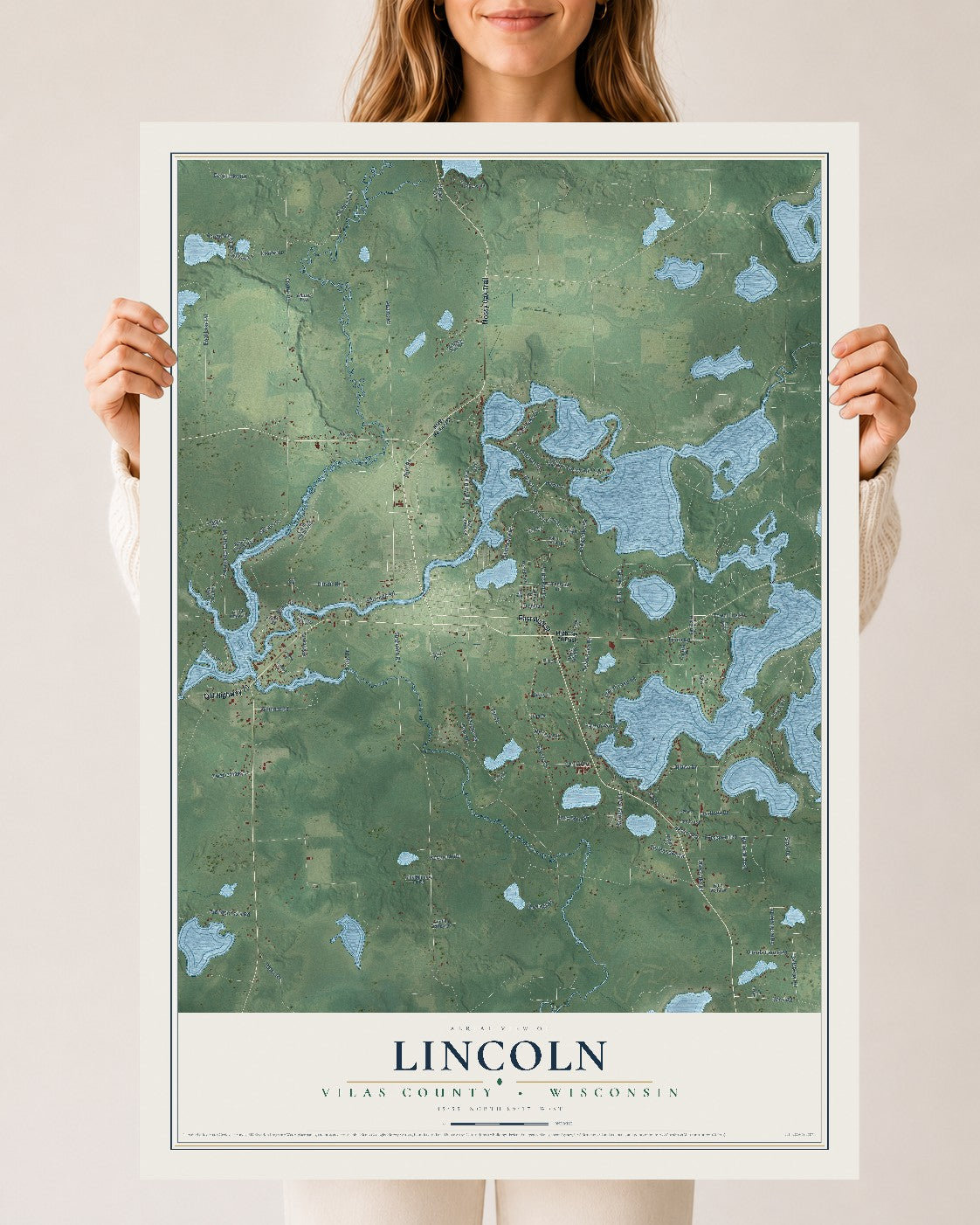 Map of Lincoln, Vilas County, Wisconsin, 24 x 36 inch unframed archival matte print