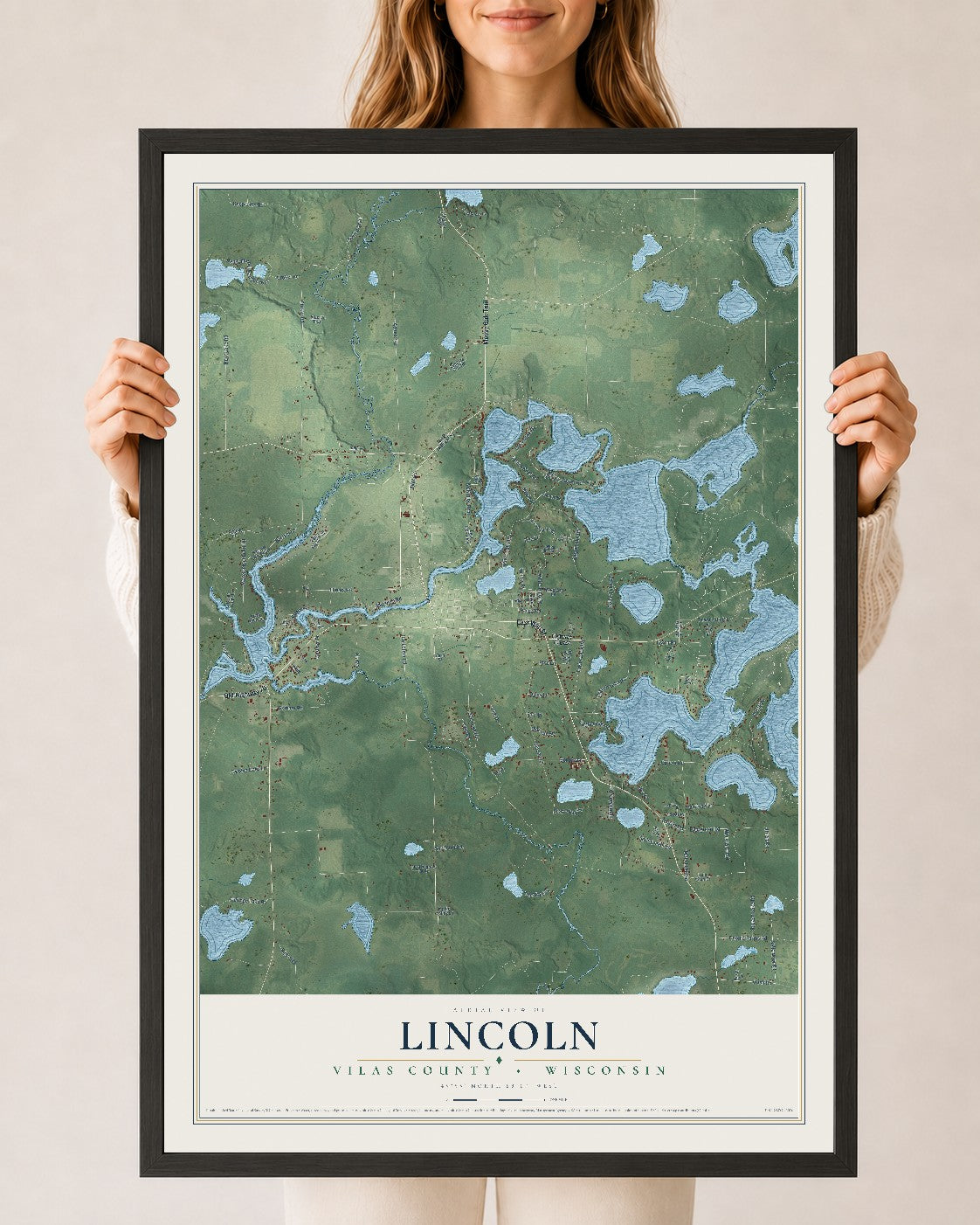 Map of Lincoln, Vilas County, Wisconsin, 24 x 36 inch print in a black wood frame
