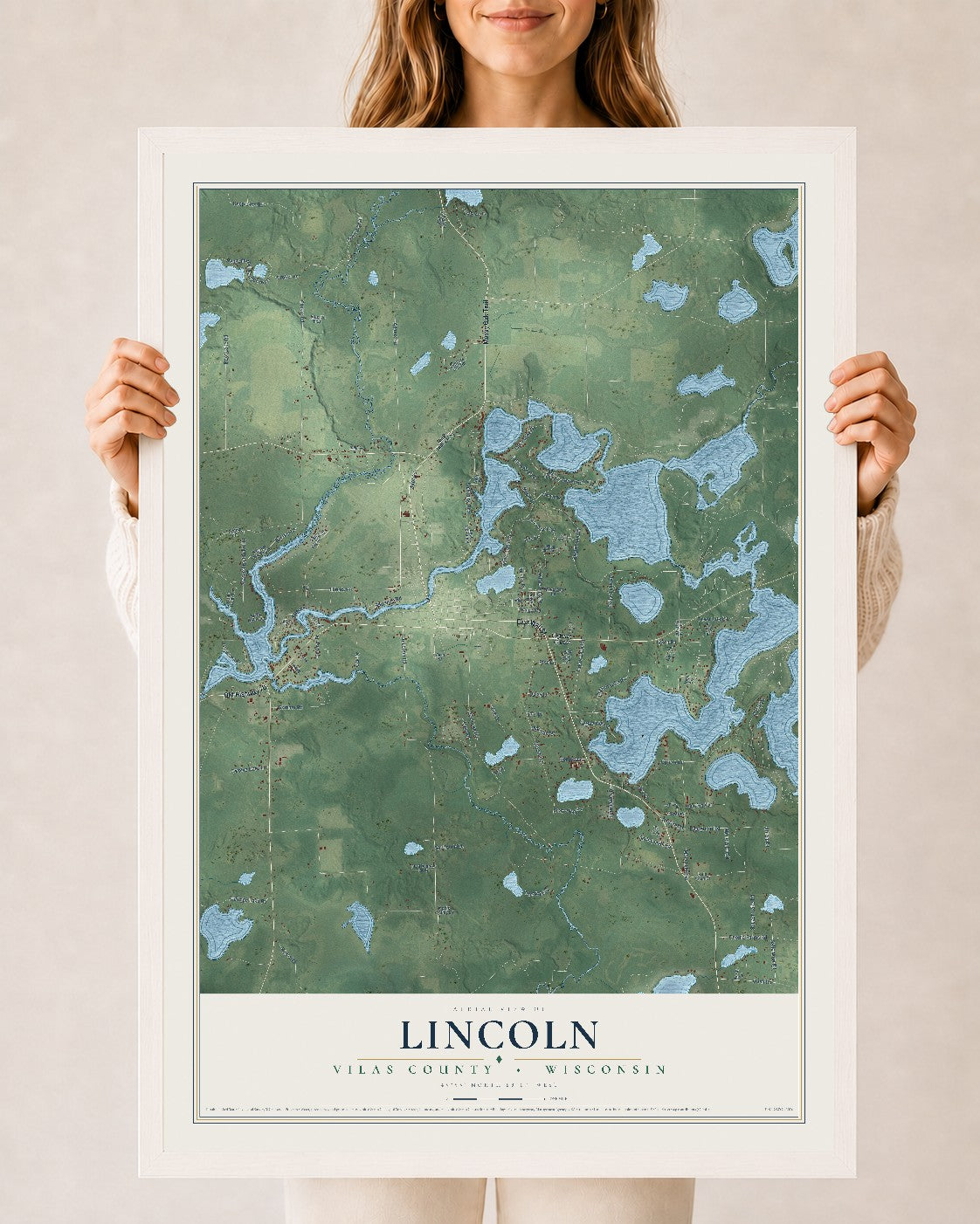 Map of Lincoln, Vilas County, Wisconsin, 24 x 36 inch print in a white wood frame