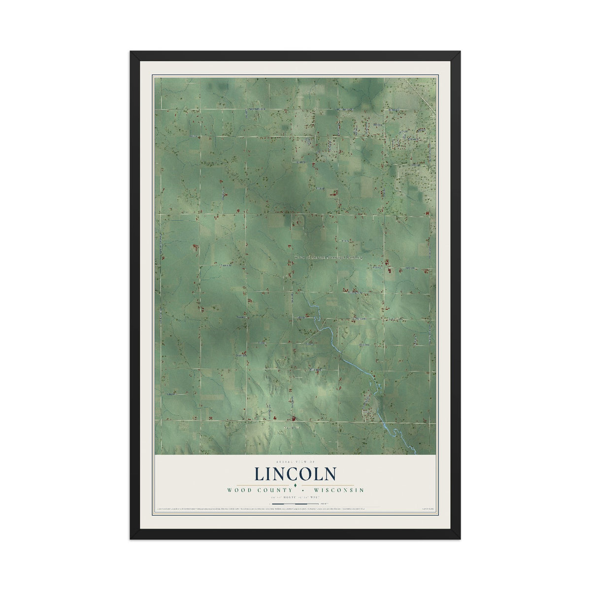 Map of Lincoln, Wood County, Wisconsin, 12 x 18 inch print in a black wood frame