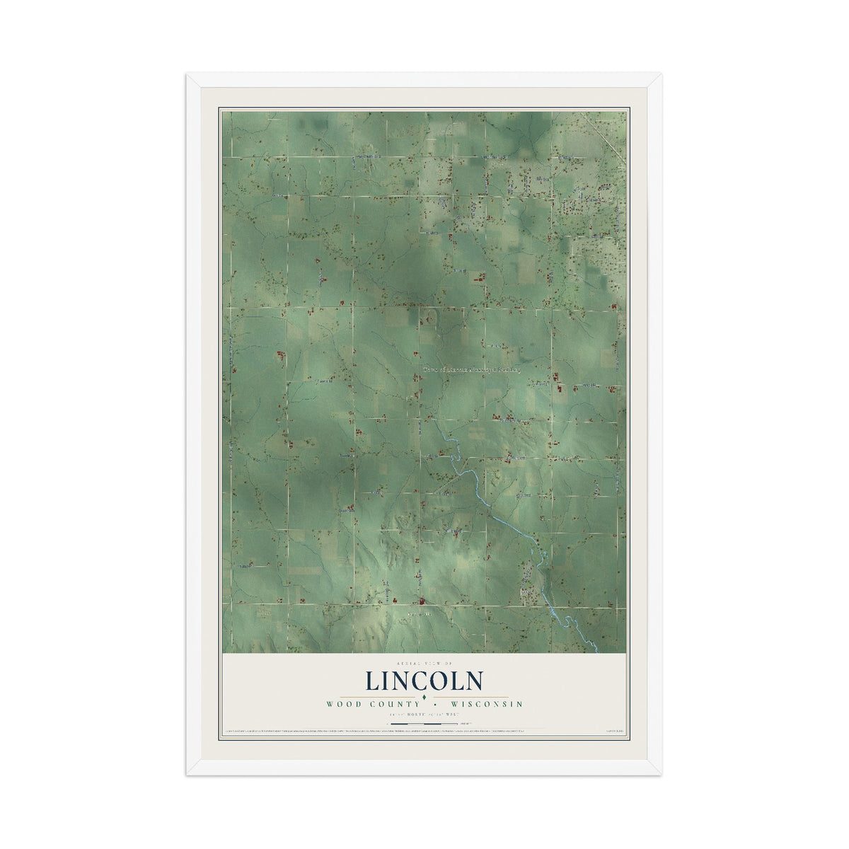 Map of Lincoln, Wood County, Wisconsin, 12 x 18 inch print in a white wood frame