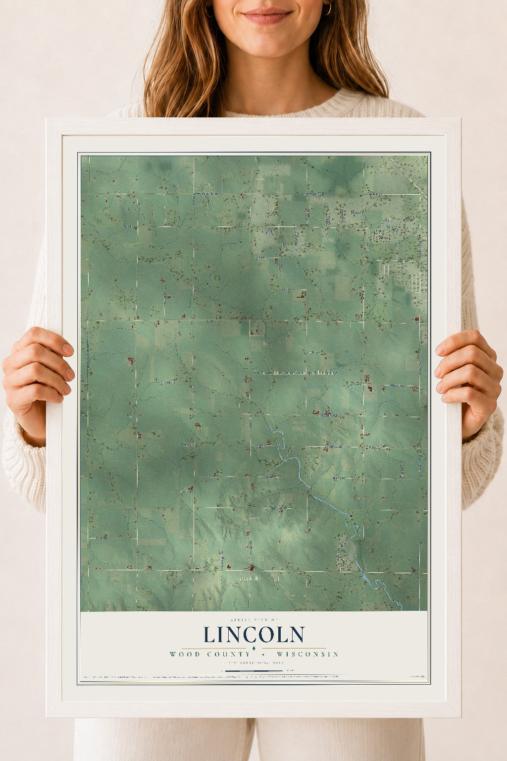 Map of Lincoln, Wood County, Wisconsin, 18 x 24 inch print in a white wood frame
