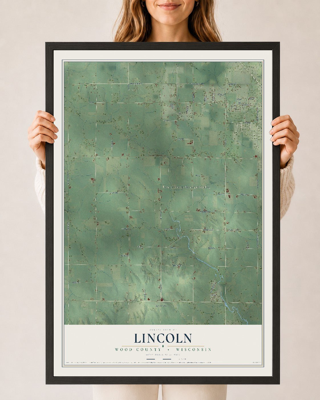 Map of Lincoln, Wood County, Wisconsin, 24 x 36 inch print in a black wood frame