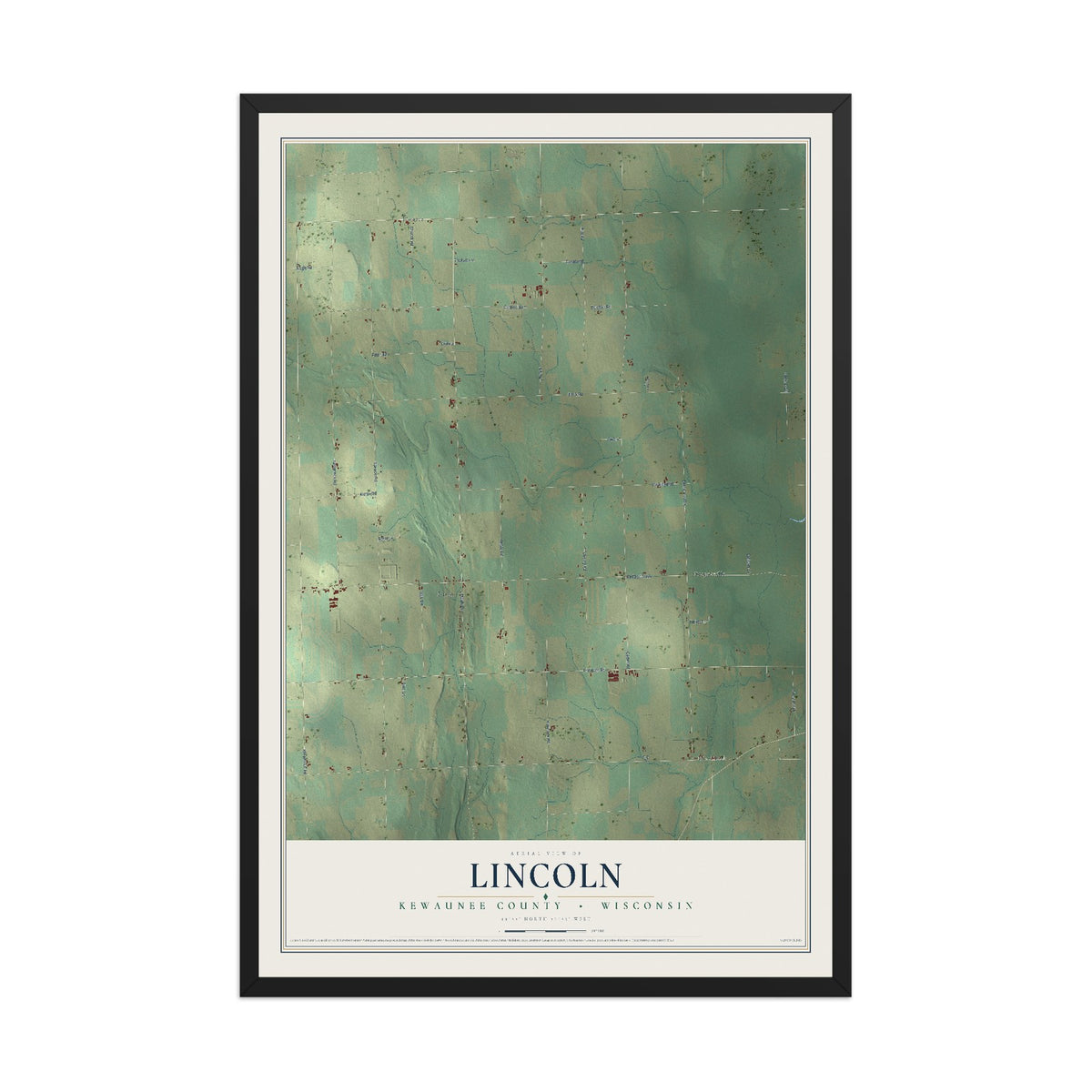 Map of Lincoln, Kewaunee County, Wisconsin, 12 x 18 inch print in a black wood frame