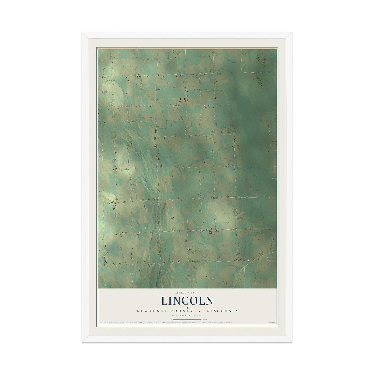 Map of Lincoln, Kewaunee County, Wisconsin, 12 x 18 inch print in a white wood frame