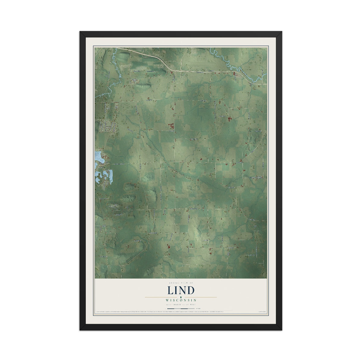 Map of Lind, Wisconsin, 12 x 18 inch print in a black wood frame