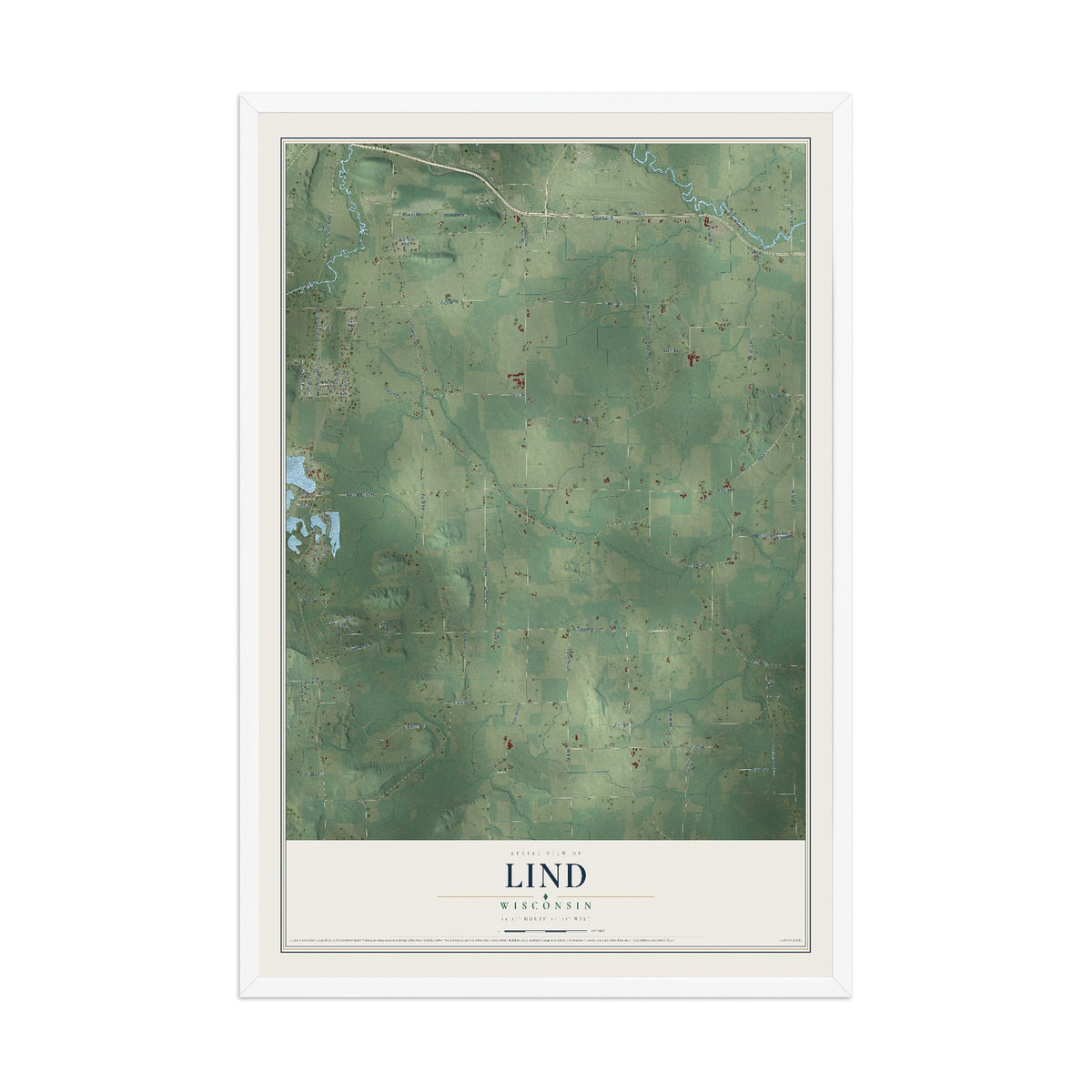 Map of Lind, Wisconsin, 12 x 18 inch print in a white wood frame