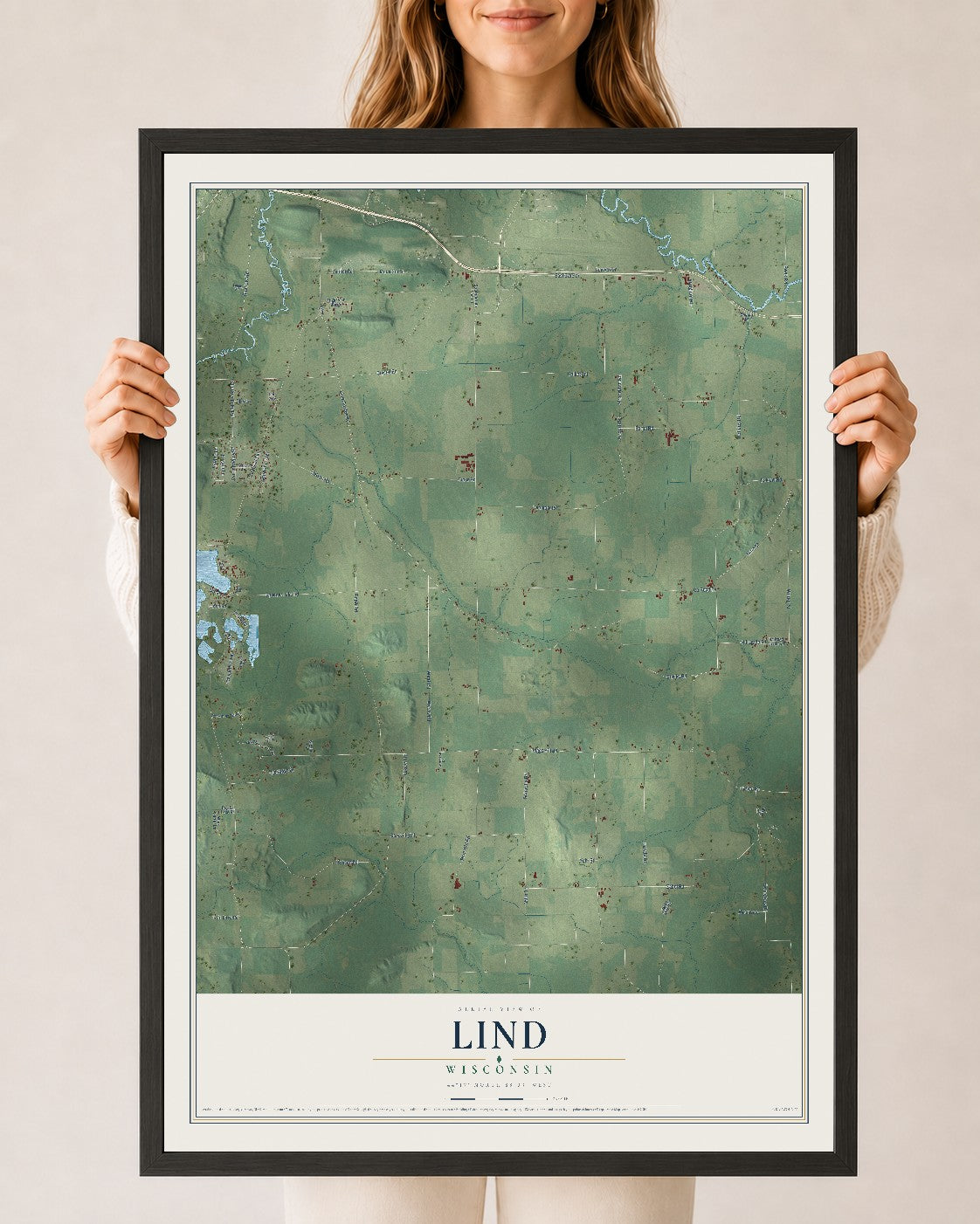 Map of Lind, Wisconsin, 24 x 36 inch print in a black wood frame