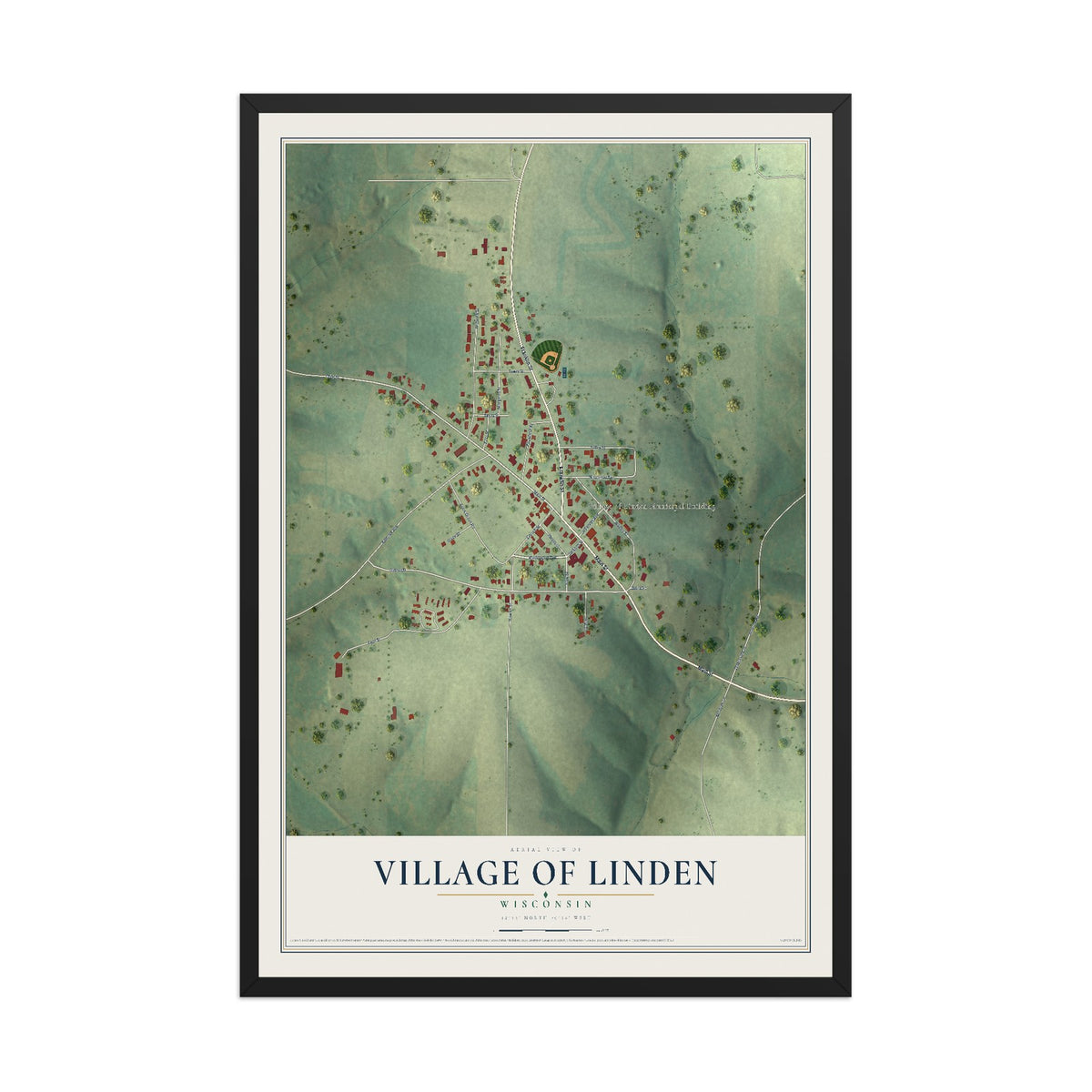 Map of Linden, Wisconsin, 12 x 18 inch print in a black wood frame