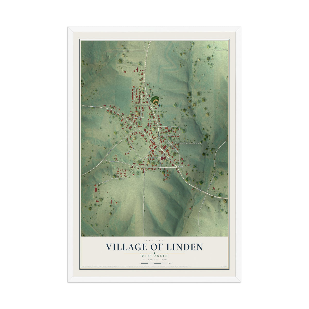 Map of Linden, Wisconsin, 12 x 18 inch print in a white wood frame