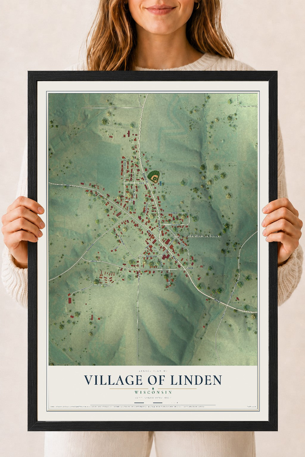 Map of Linden, Wisconsin, 18 x 24 inch print in a black wood frame