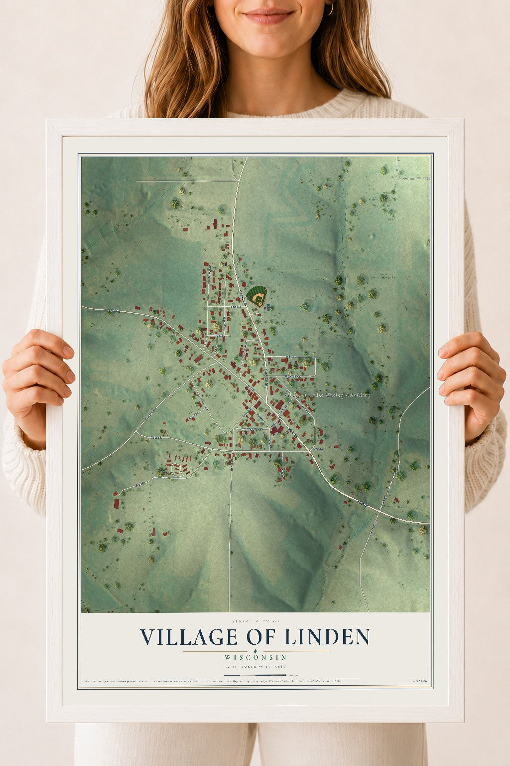 Map of Linden, Wisconsin, 18 x 24 inch print in a white wood frame