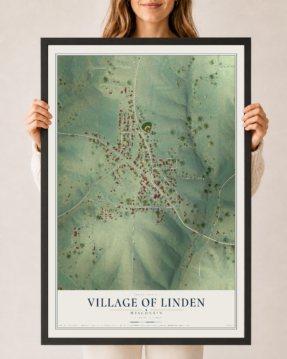 Map of Linden, Wisconsin, 24 x 36 inch print in a black wood frame