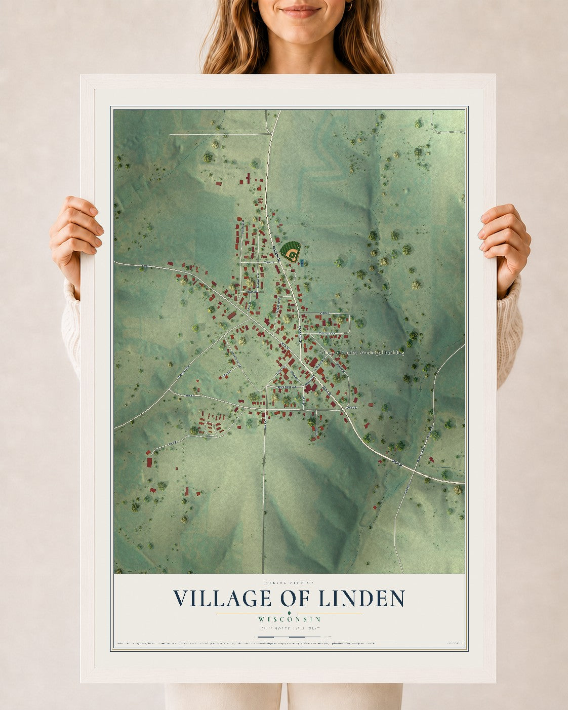 Map of Linden, Wisconsin, 24 x 36 inch print in a white wood frame