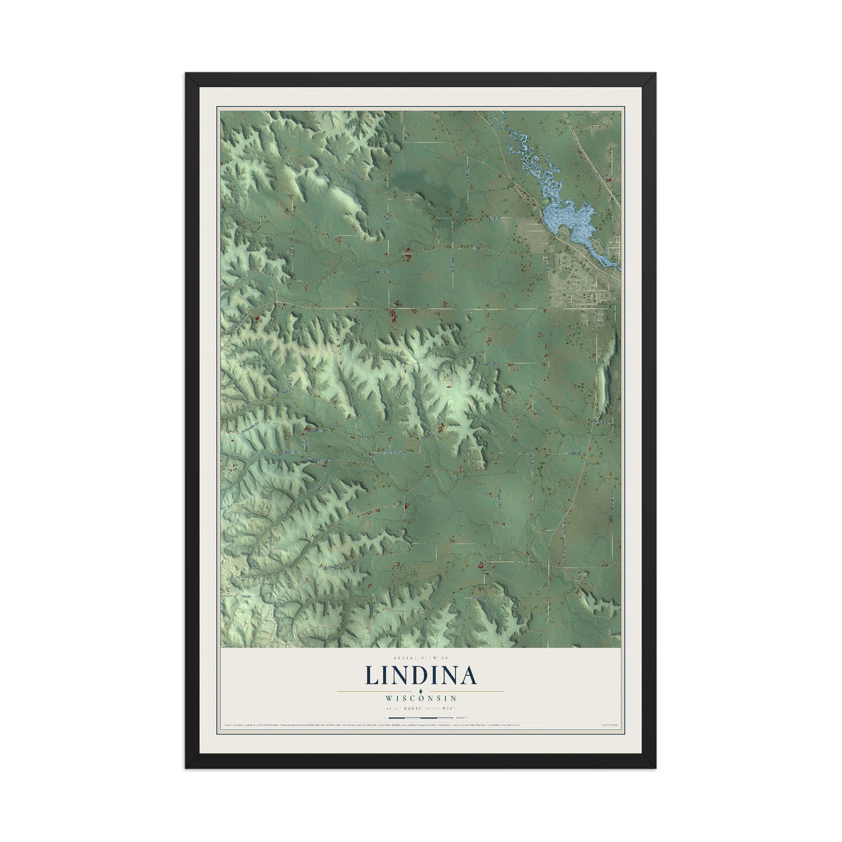 Map of Lindina, Wisconsin, 12 x 18 inch print in a black wood frame