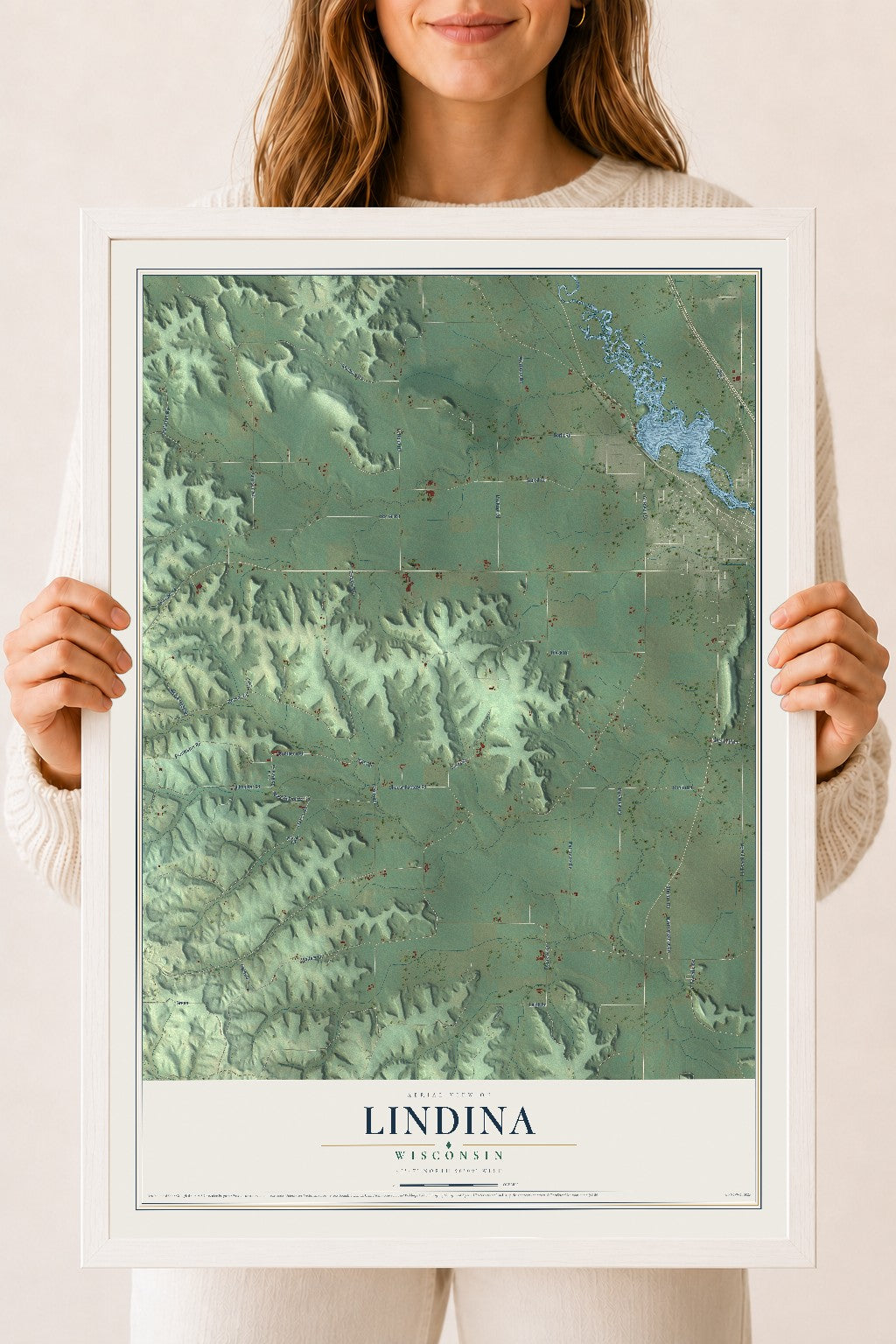 Map of Lindina, Wisconsin, 18 x 24 inch print in a white wood frame