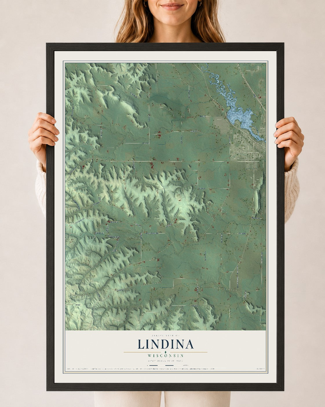 Map of Lindina, Wisconsin, 24 x 36 inch print in a black wood frame