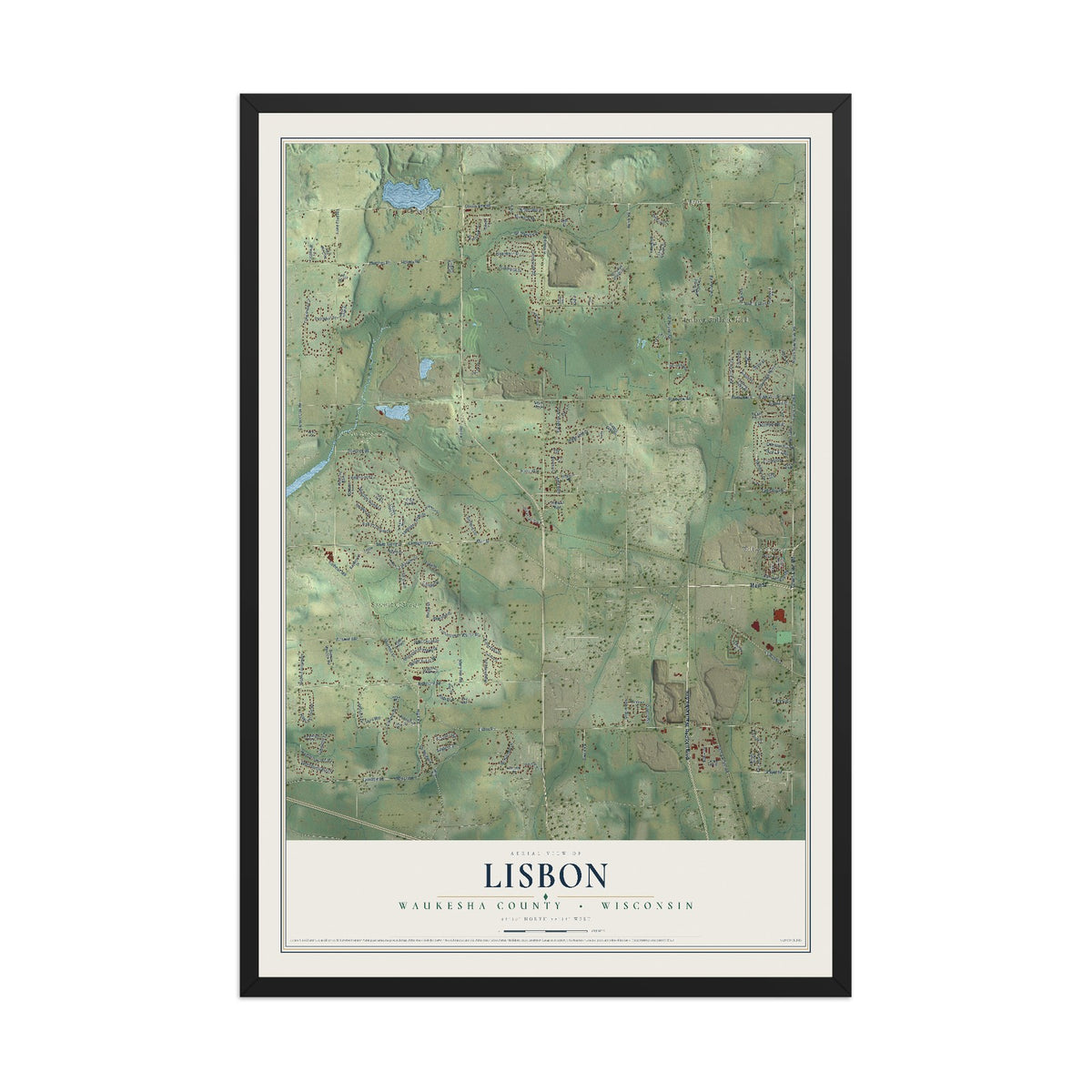 Map of Lisbon, Waukesha County, Wisconsin, 12 x 18 inch print in a black wood frame