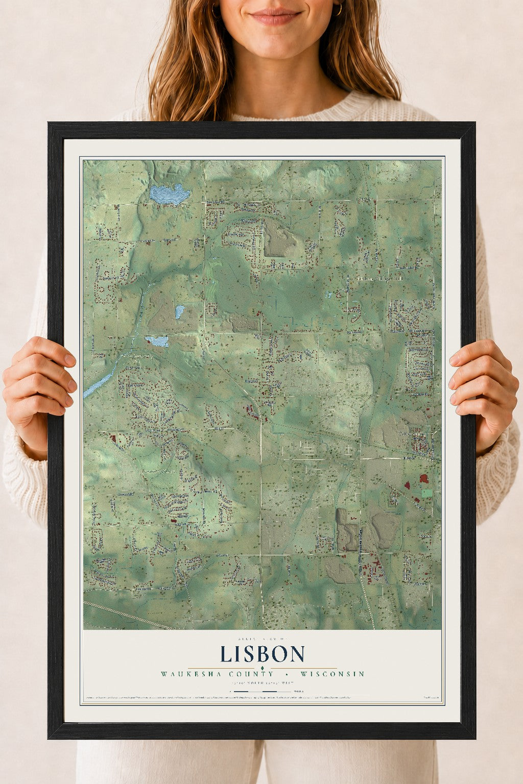 Map of Lisbon, Waukesha County, Wisconsin, 18 x 24 inch print in a black wood frame