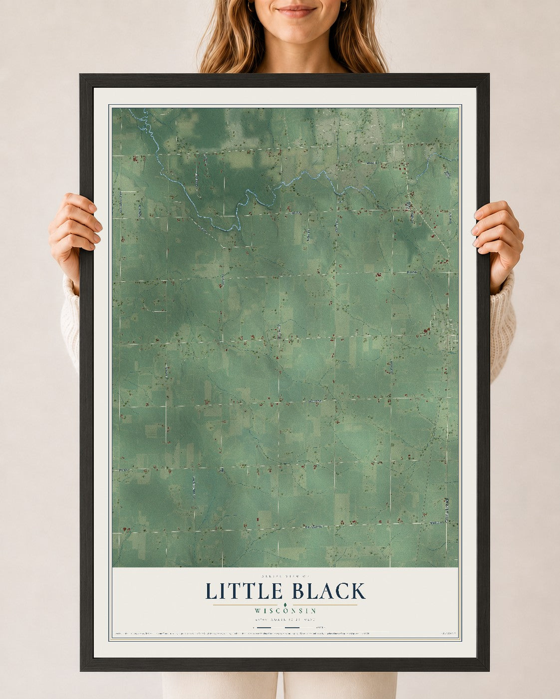 Map of Little Black, Wisconsin, 24 x 36 inch print in a black wood frame
