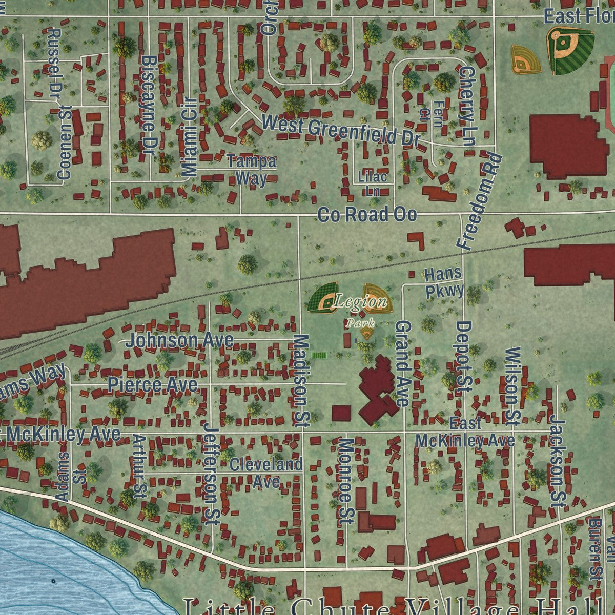 Close-up of the map of Little Chute, Wisconsin print showing street and building detail