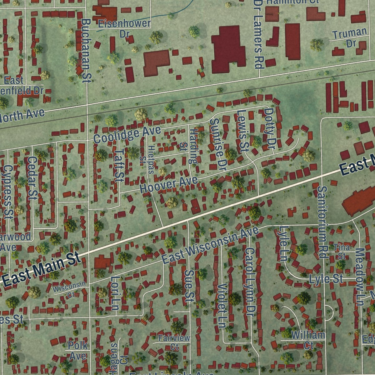 Second close-up of the map of Little Chute, Wisconsin print showing more streets and buildings