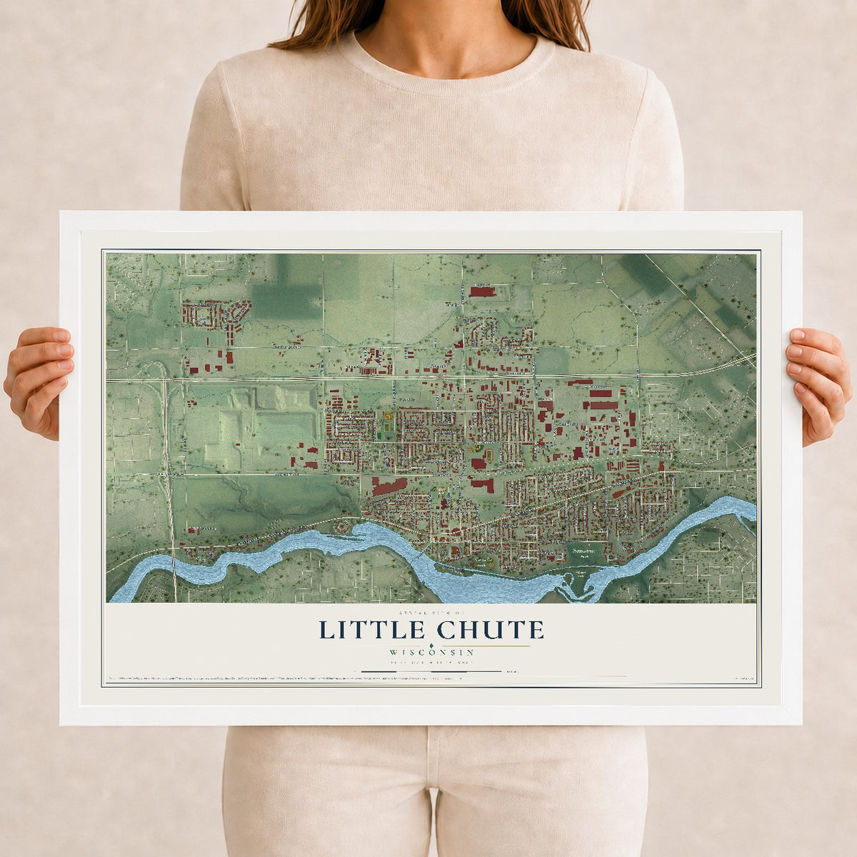 Map of Little Chute, Wisconsin, 12 x 18 inch print in a white wood frame