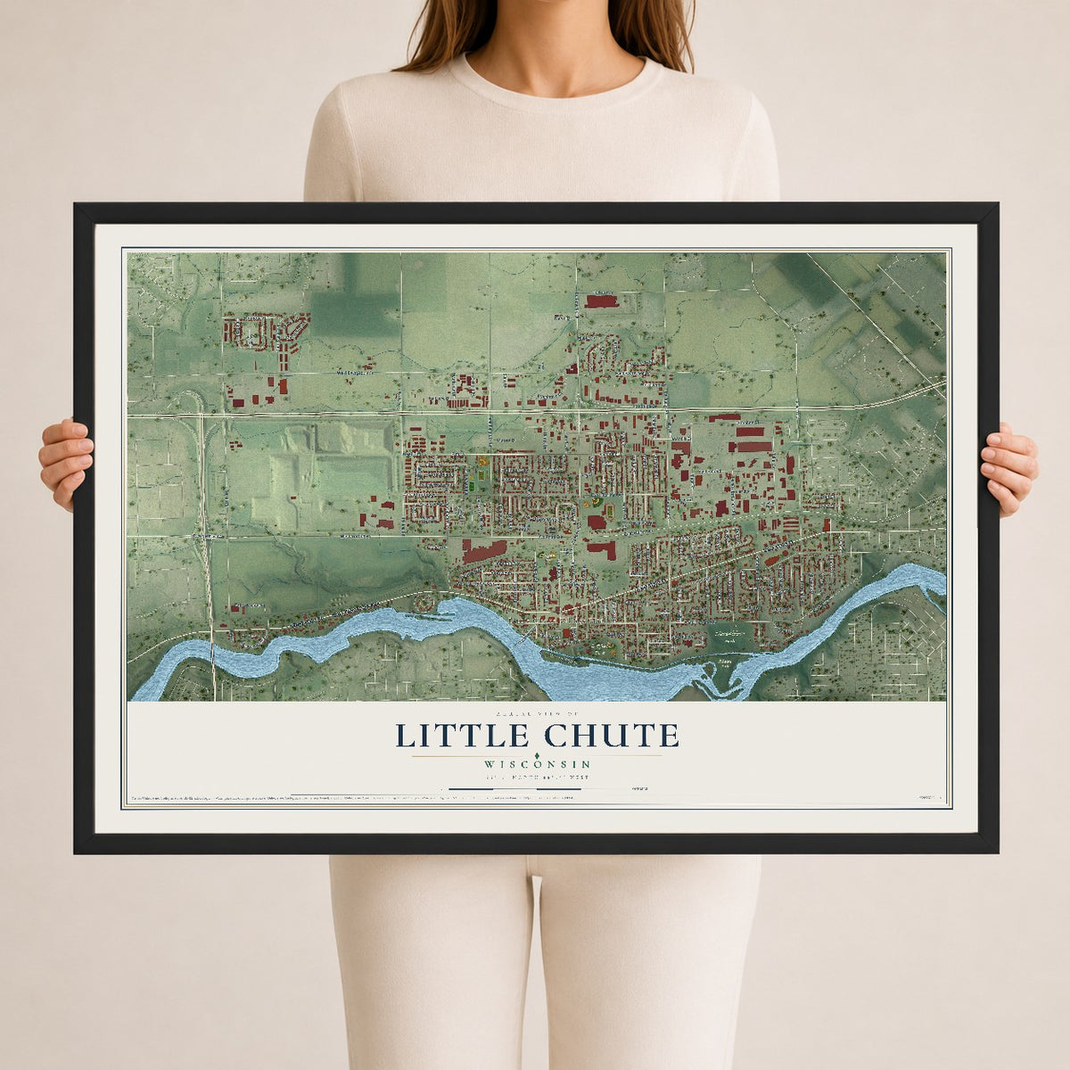 Map of Little Chute, Wisconsin, 24 x 36 inch print in a black wood frame