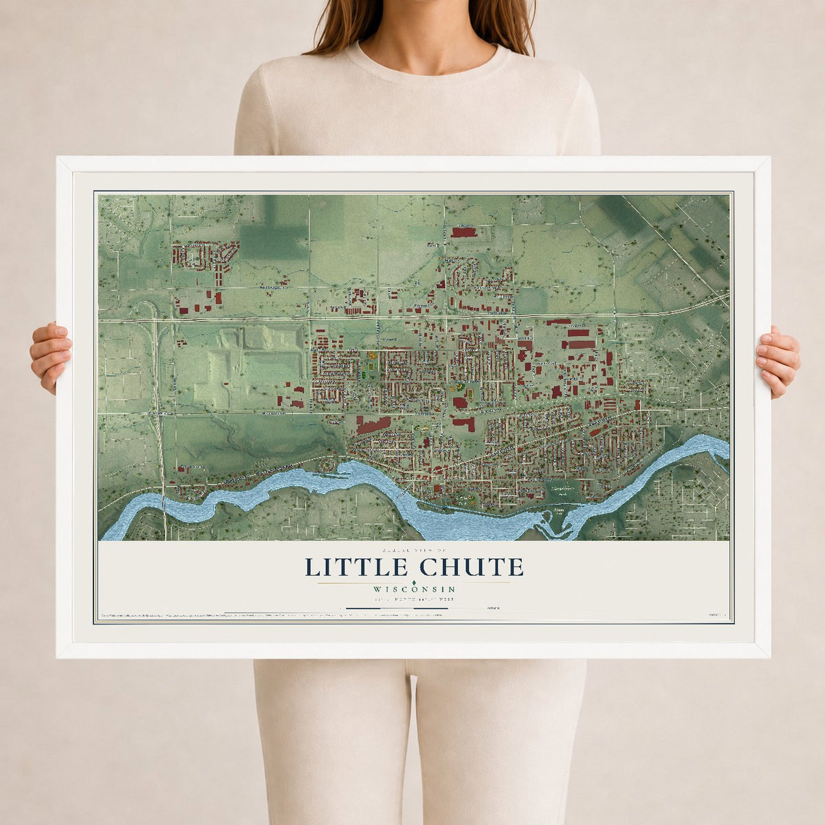 Map of Little Chute, Wisconsin, 24 x 36 inch print in a white wood frame