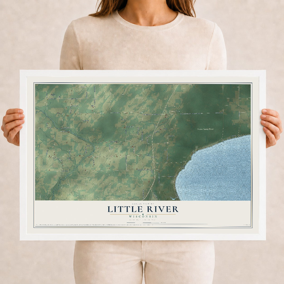 Map of Little River, Wisconsin, 12 x 18 inch print in a white wood frame
