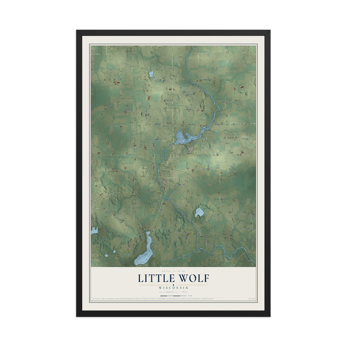 Map of Little Wolf, Wisconsin, 12 x 18 inch print in a black wood frame