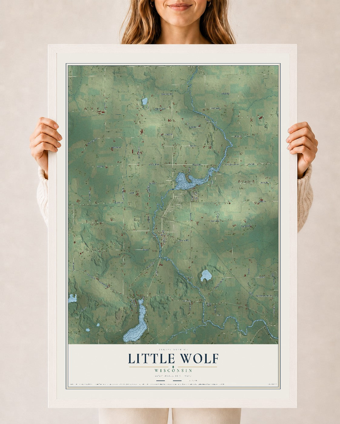 Map of Little Wolf, Wisconsin, 24 x 36 inch print in a white wood frame