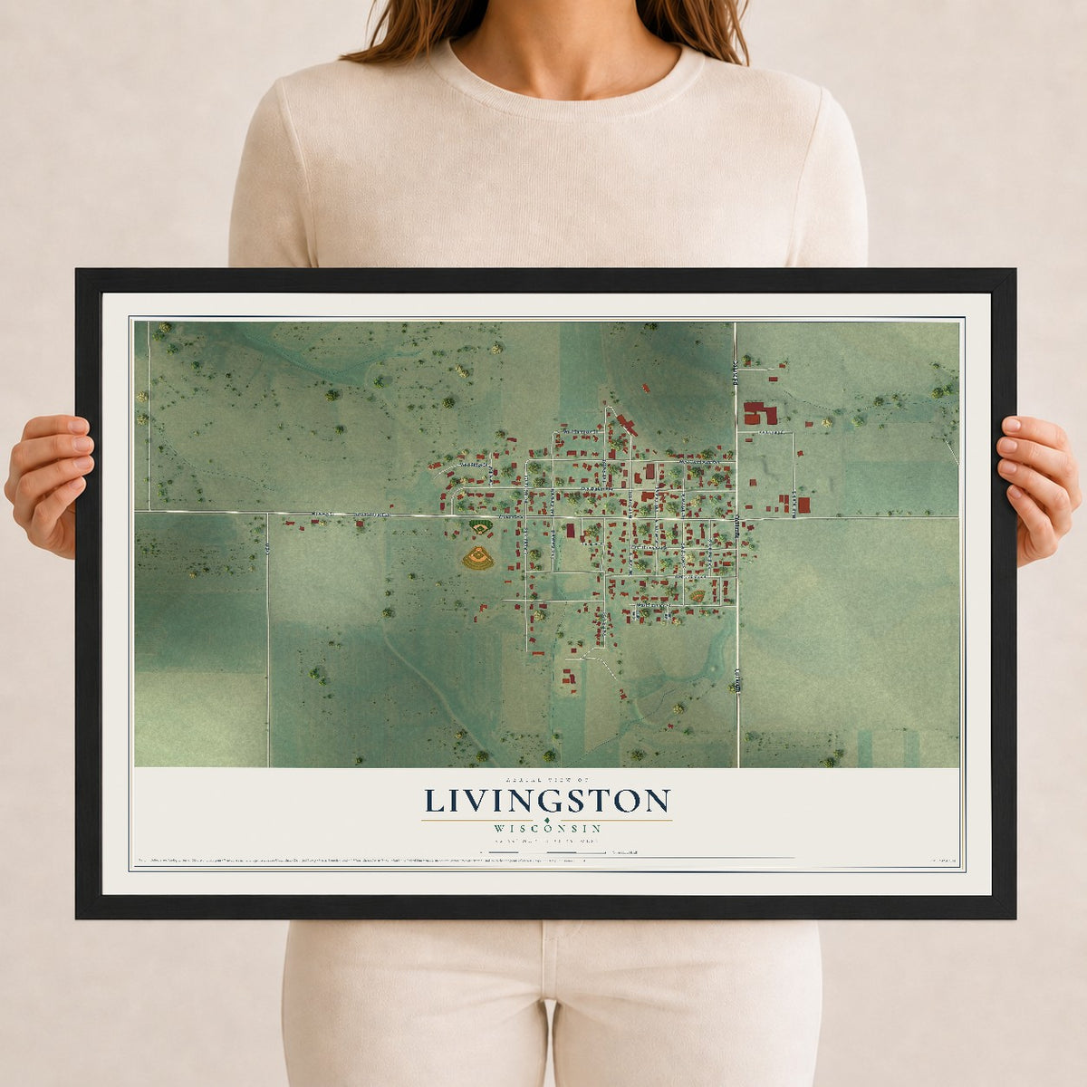 Map of Livingston, Wisconsin, 12 x 18 inch print in a black wood frame