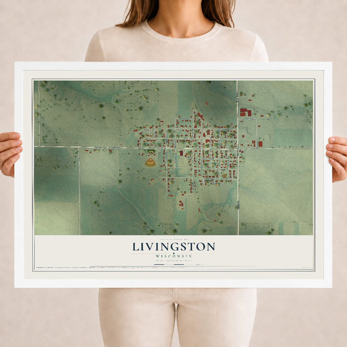 Map of Livingston, Wisconsin, 18 x 24 inch print in a white wood frame
