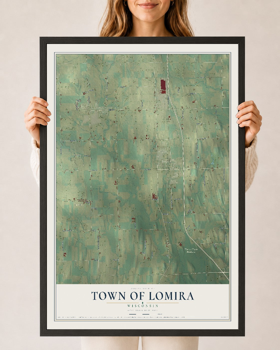 Map of the Town of Lomira, Wisconsin, 24 x 36 inch print in a black wood frame