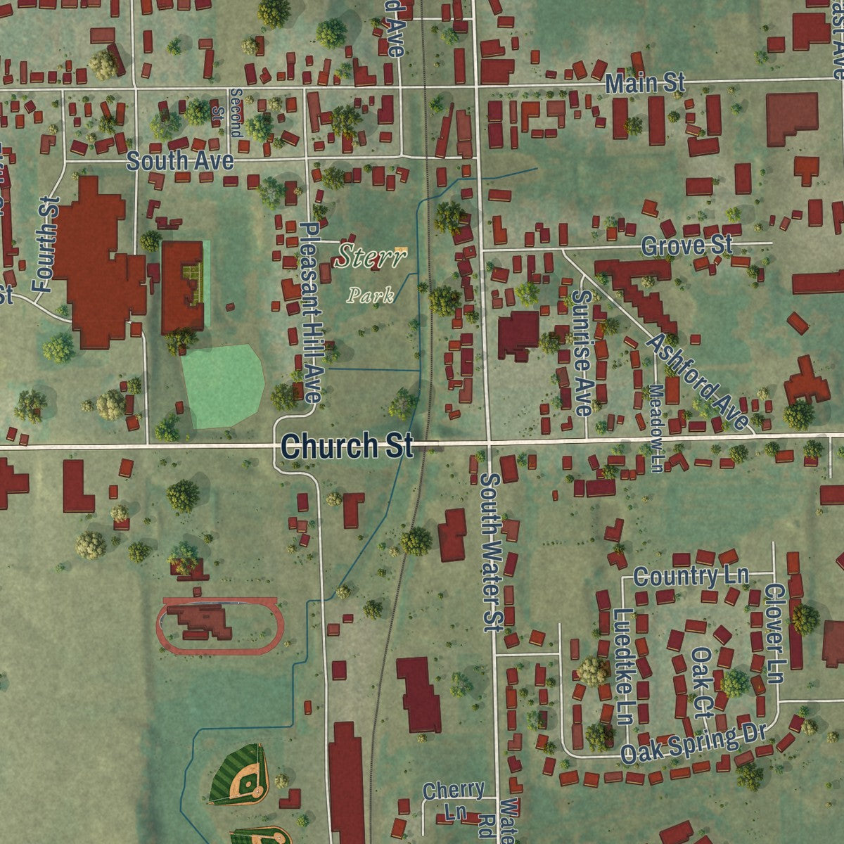 Close-up of the map of Lomira, Wisconsin print showing street and building detail