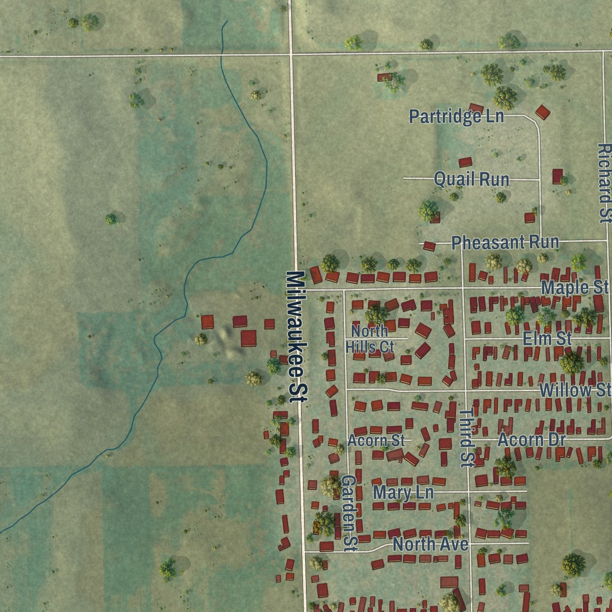 Second close-up of the map of Lomira, Wisconsin print showing more streets and buildings