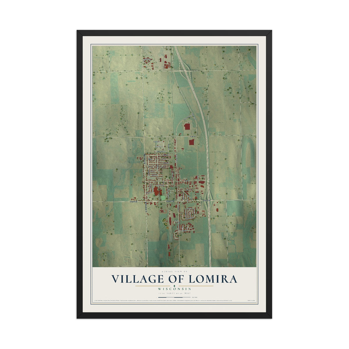 Map of Lomira, Wisconsin, 12 x 18 inch print in a black wood frame