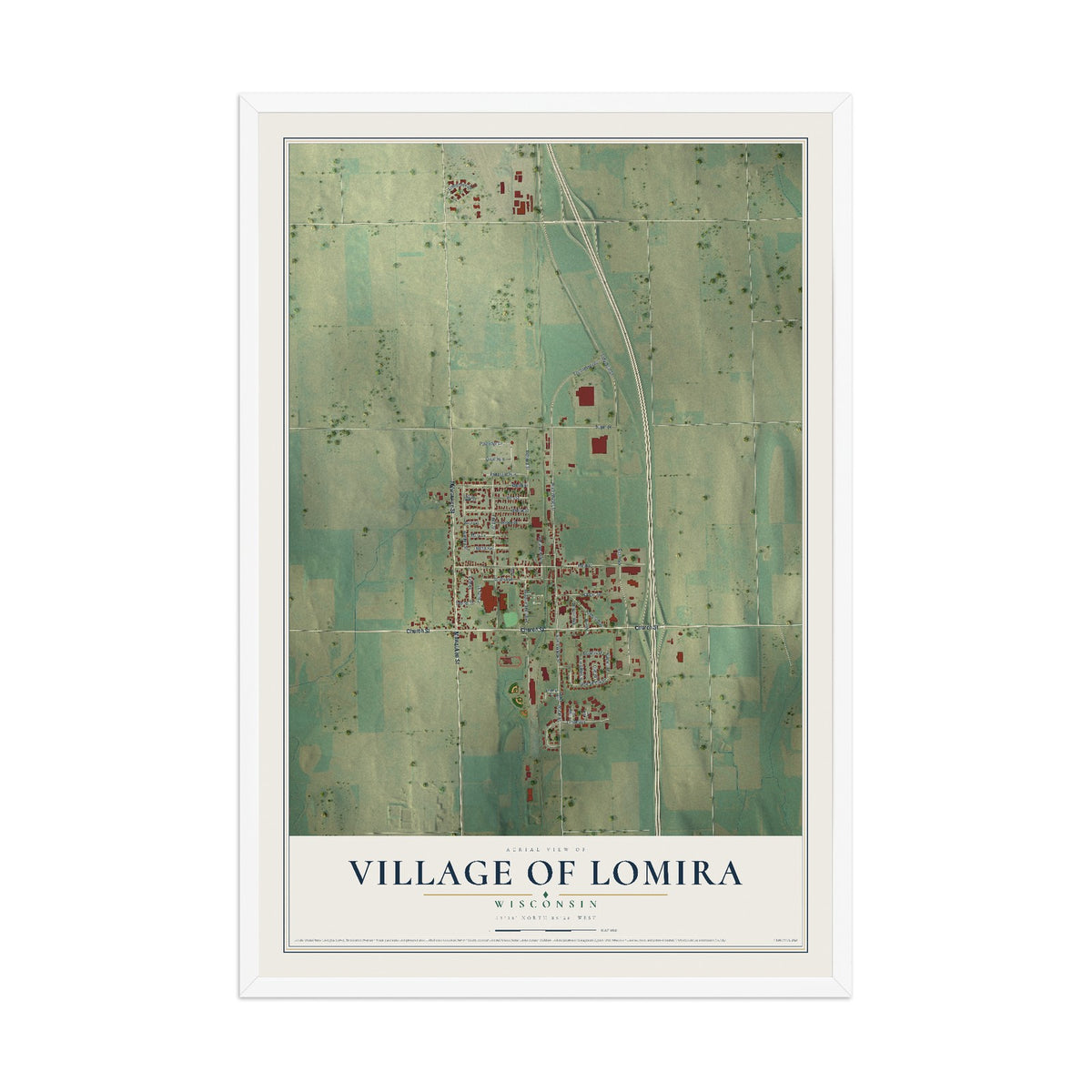 Map of Lomira, Wisconsin, 12 x 18 inch print in a white wood frame