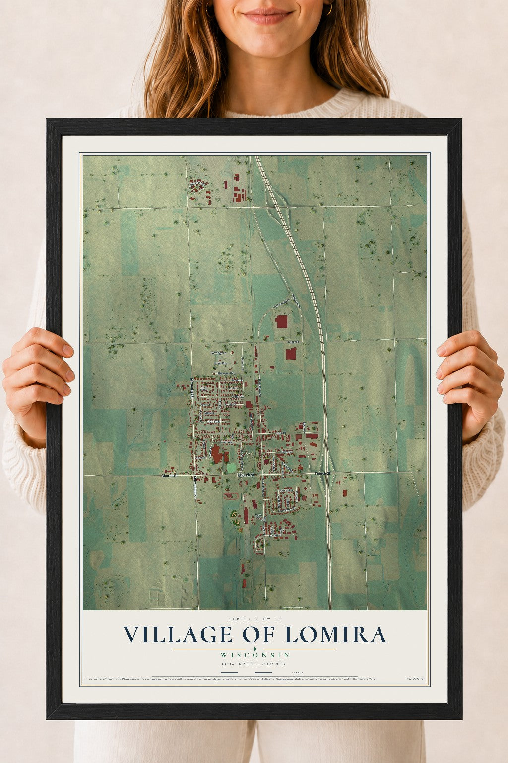 Map of Lomira, Wisconsin, 18 x 24 inch print in a black wood frame